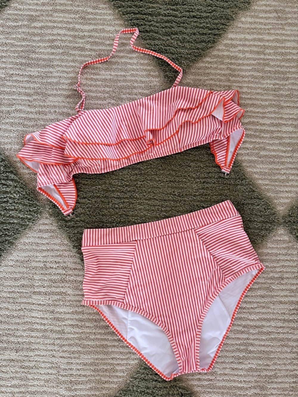 Orange and White Striped Ruffle Bikini Set
